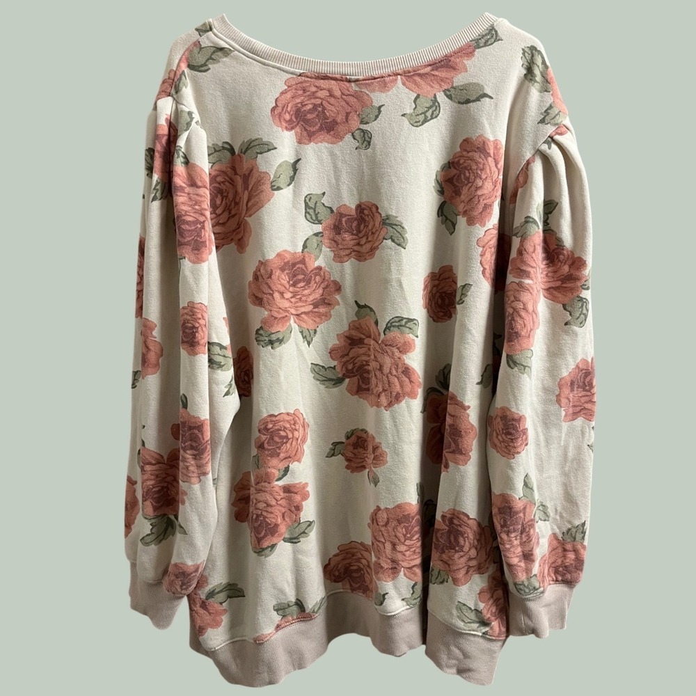 Torrid Floral Sweatshirt Womens 4 Cream Pink Rose Puff Shoulder Long Sleeve
